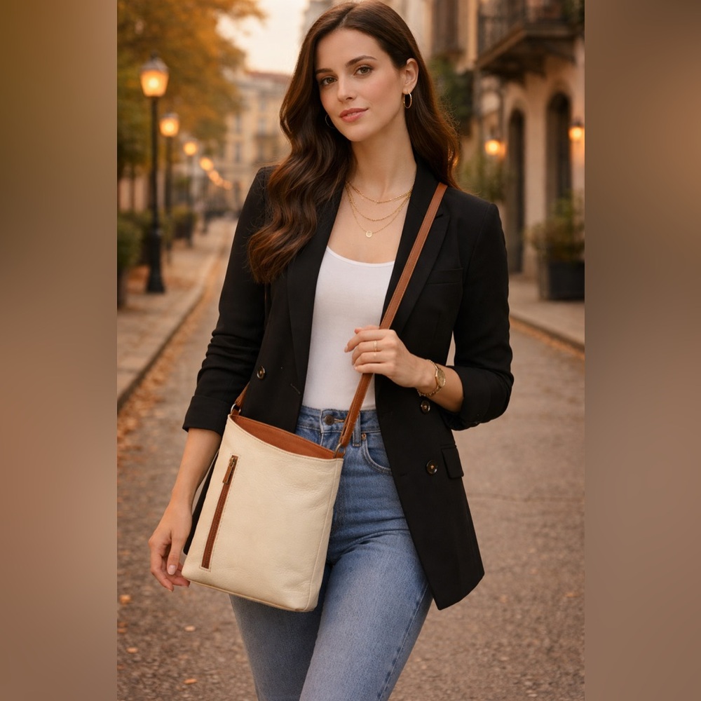 Made in Italy Two-Tone Italian Leather Crossbody Bag | Neutral Everyday Purse